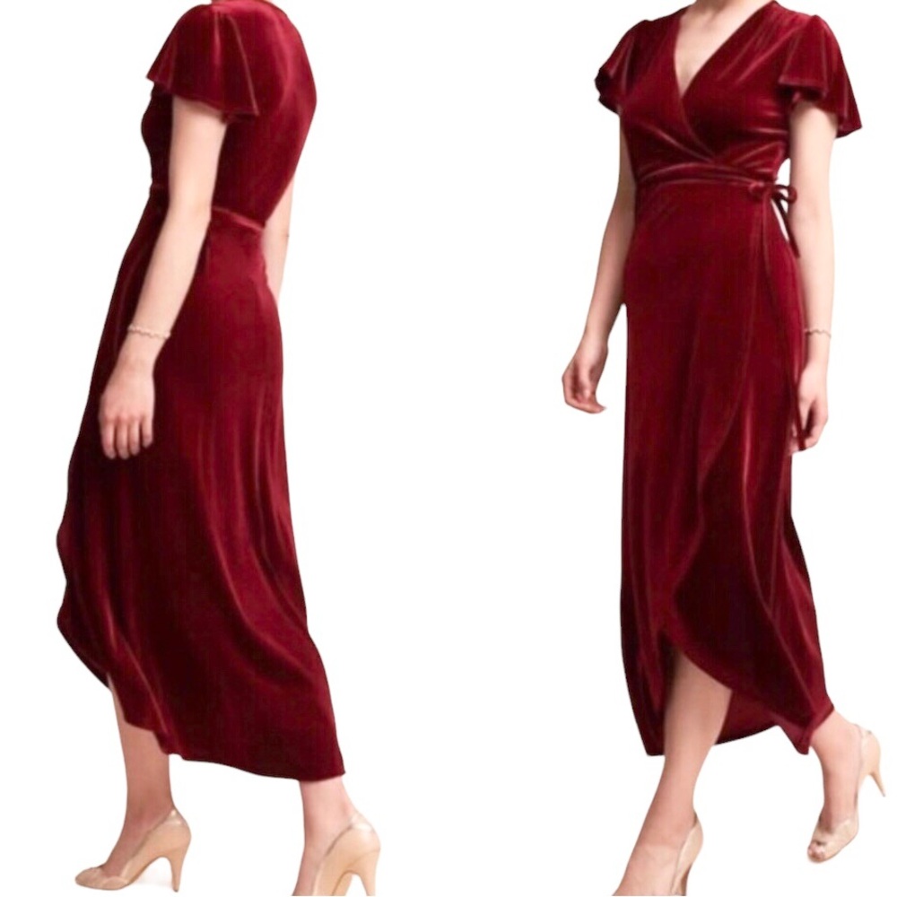 Anthropologie BHLDN Velvet Burgundy Flutter Sleeve Midi Wrap Dress Size Small